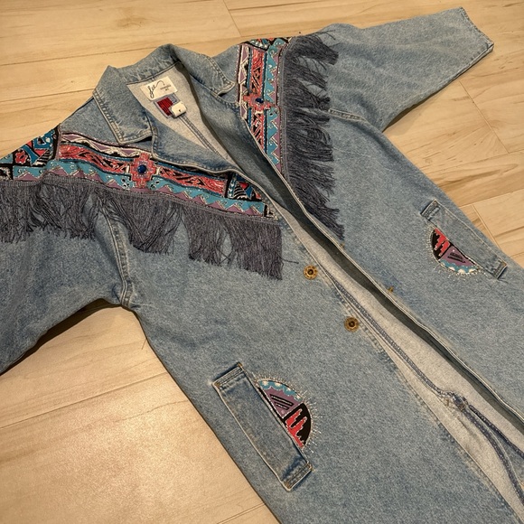 Vintage 90s #Denim Fringe Trench • Aztec #Western Jacket • FREE SHIPPING - Picture 5 of 9